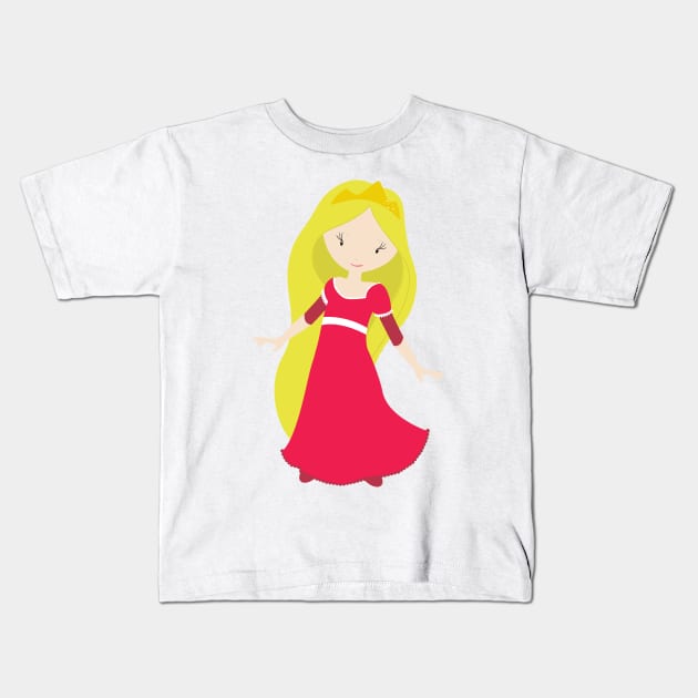 Cute Princess, Crown, Blonde Hair, Red Dress Kids T-Shirt by Jelena Dunčević